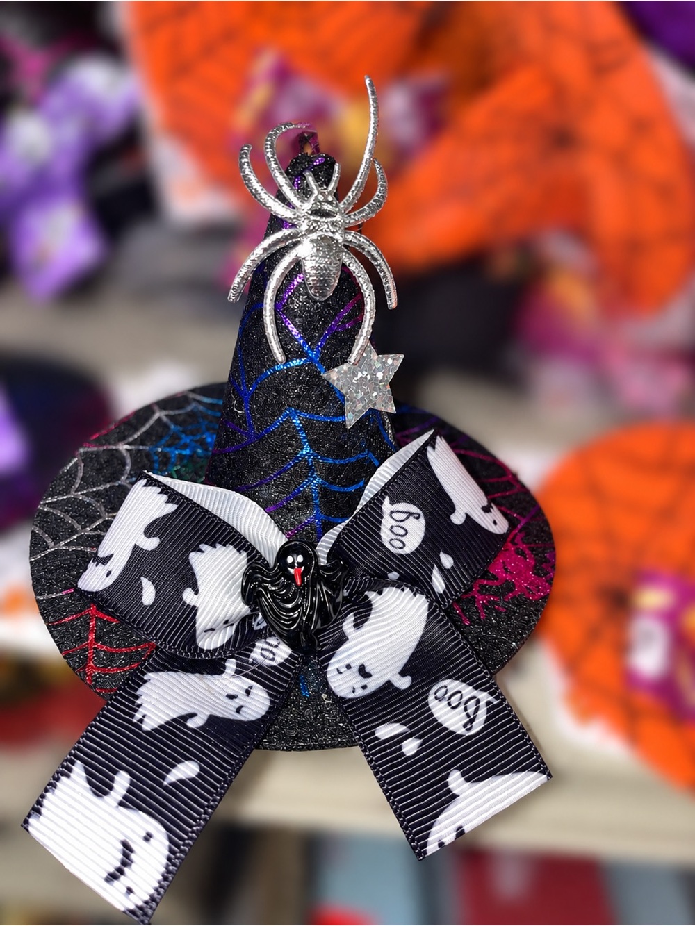 Glitter Witch Hat Hair Clip with Ghost Bow - Black & Purple